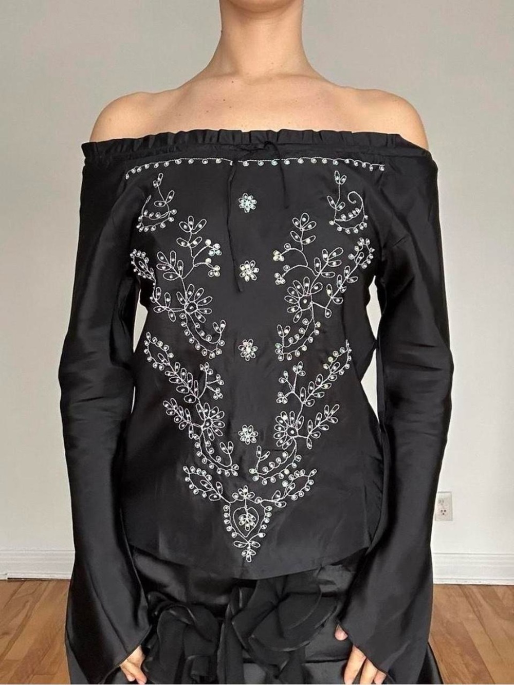 Black Off-Shoulder Embellished Long-Sleeve Top